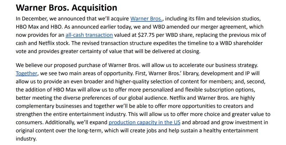 奈飞改为全现金收购华纳兄弟探索 意在压制派拉蒙竞购 奈飞改为全现金收购华纳兄弟探索 意在压制派拉蒙竞购